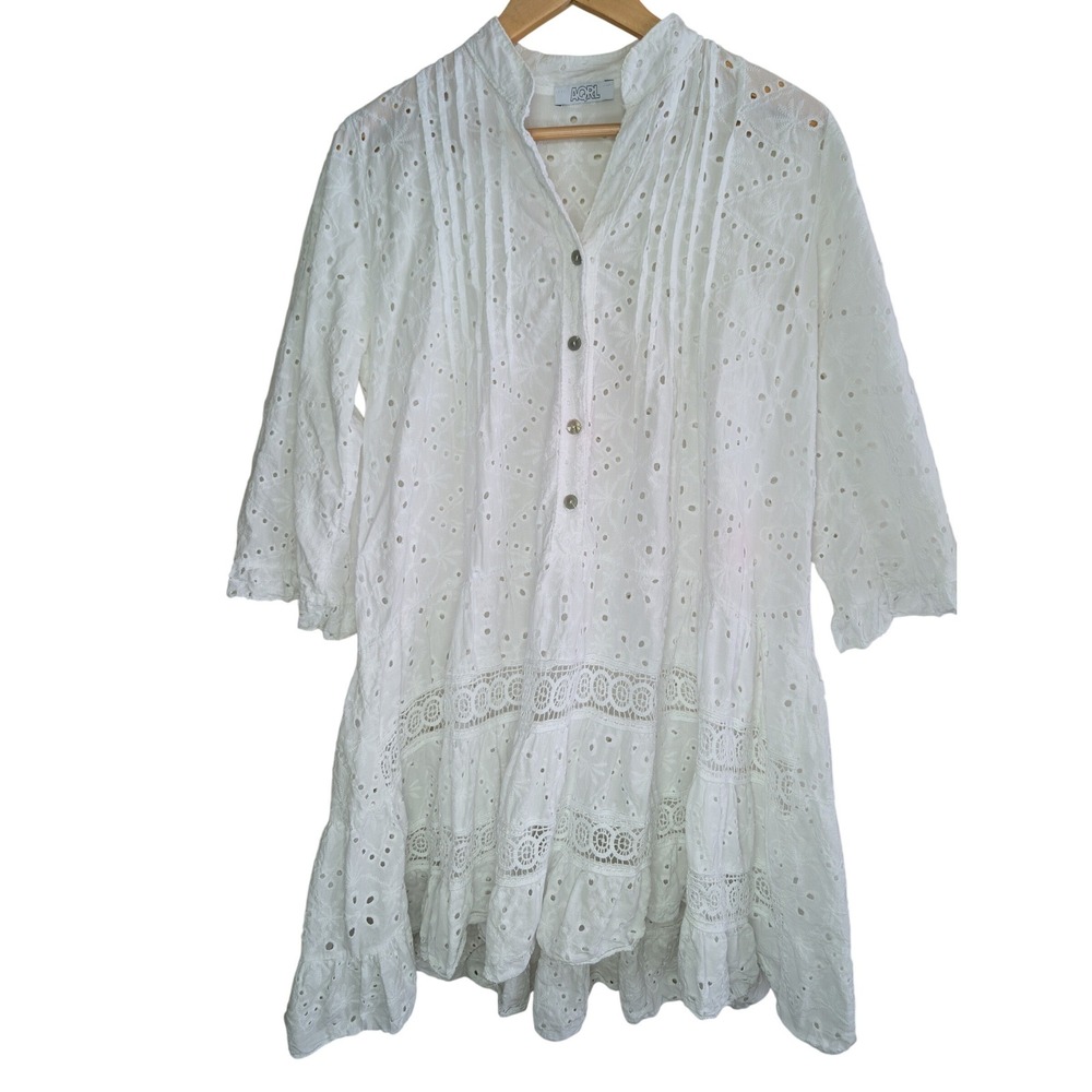 AQRL Eyelet Embroidered Lace Tiered Tunic Dress Swim Cover Boho Made‎ in Italy
